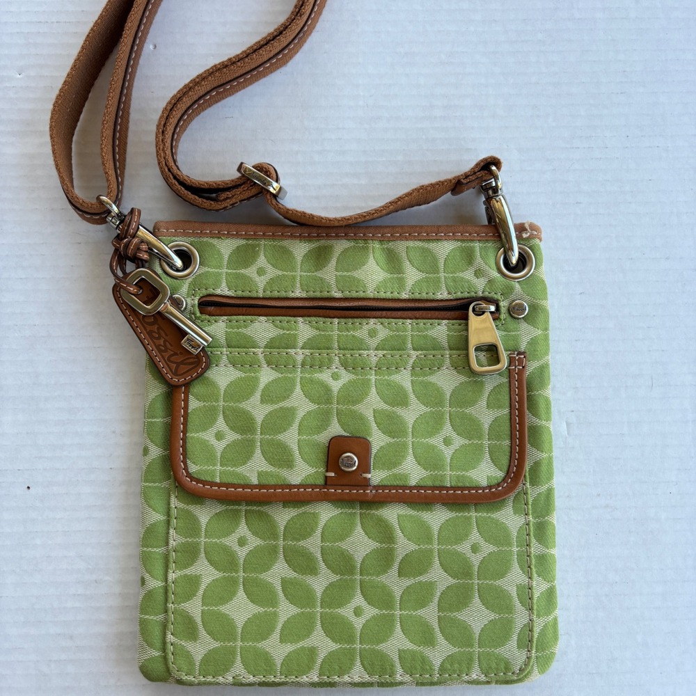 Fossil Green Floral Canvas Crossbody Bag Leather Trim‎ Key Charm Small Messenger